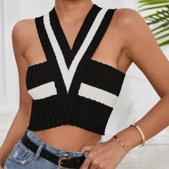 Colorblock  Ribbed Cropped  V-neck Knit Halter tank top Black white - Picture 2 of 7